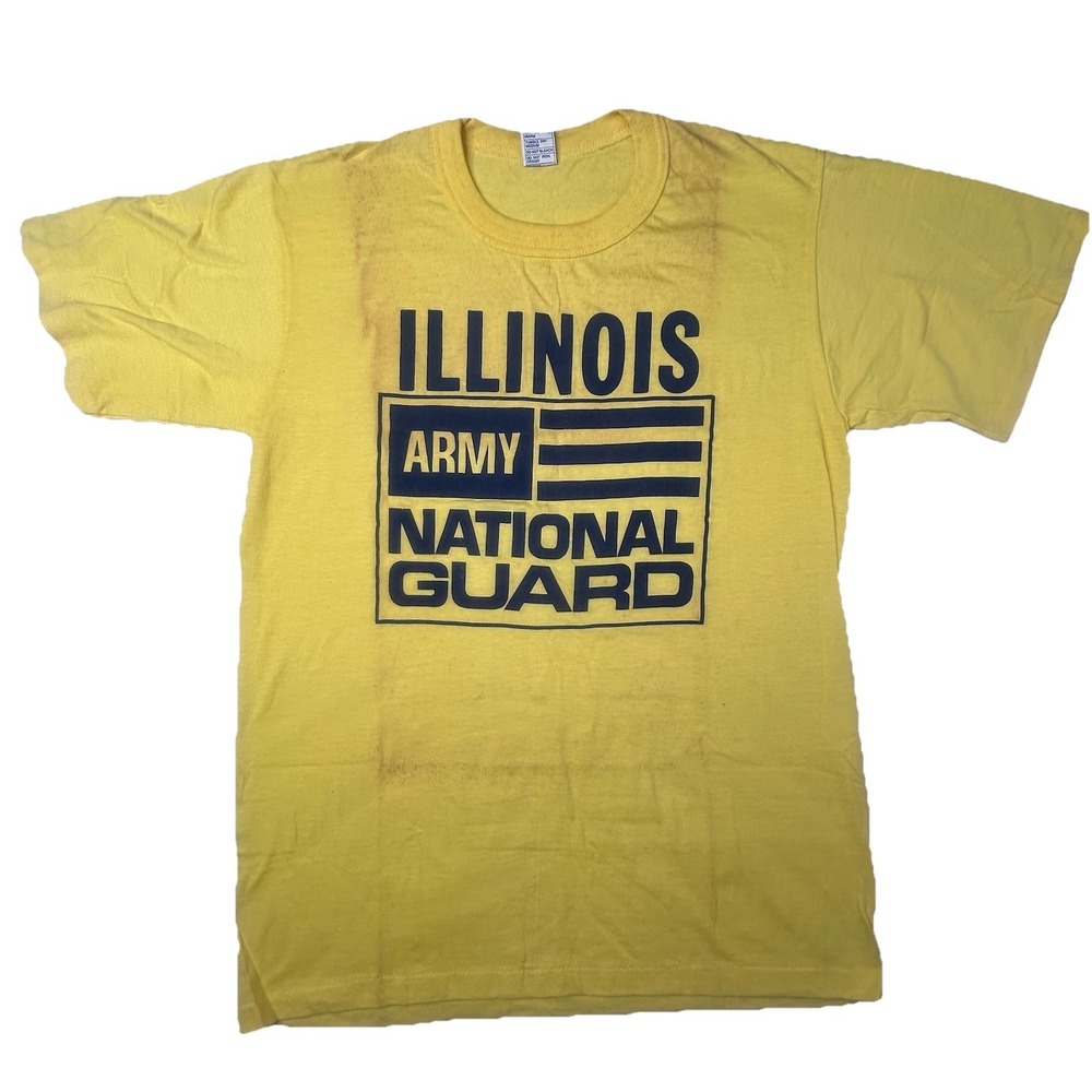 VTG Illinois Army National Guard T-Shirt Mens L Single Stitch Yellow USA STAINED